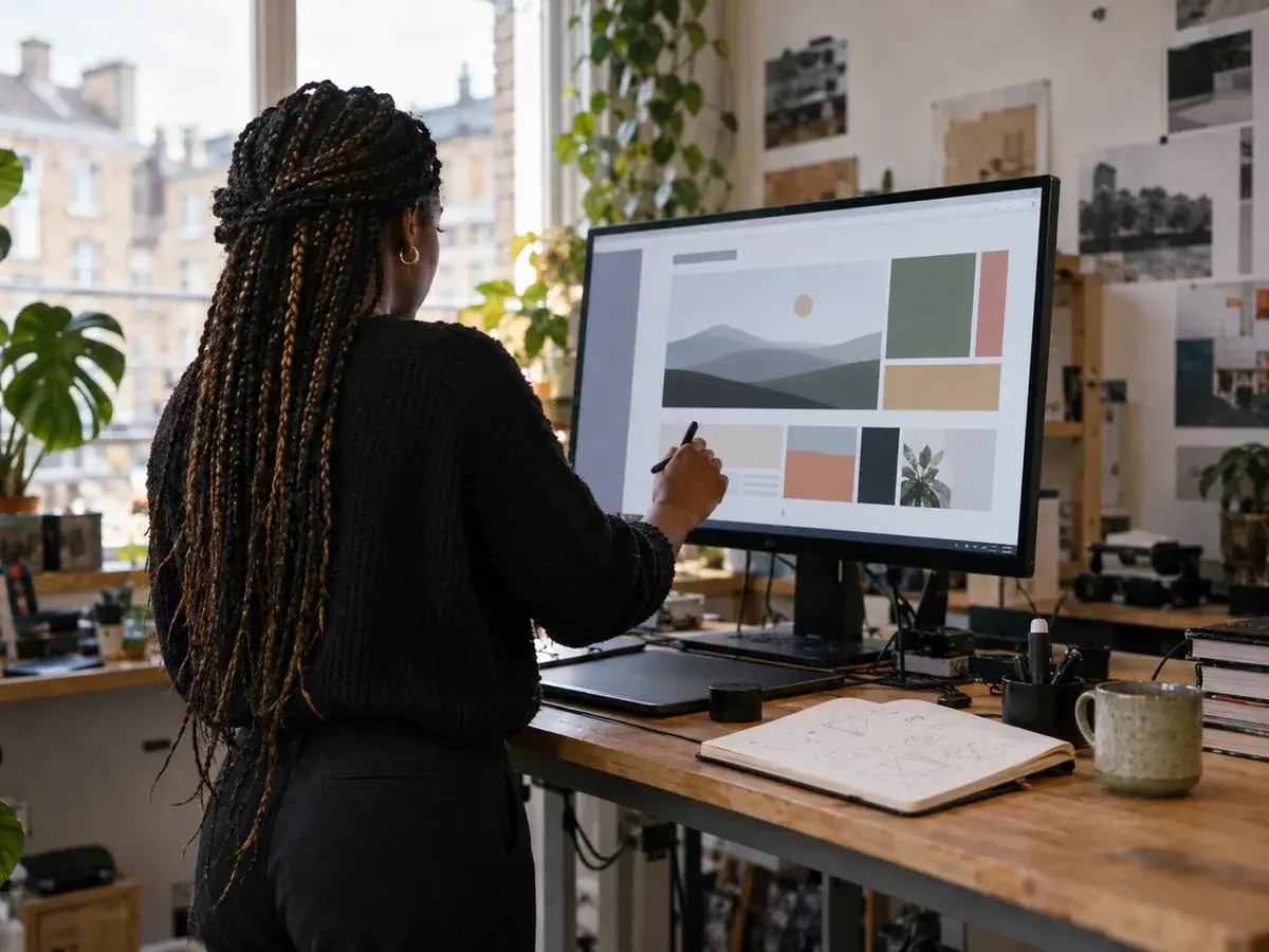 Designer refining a homepage layout at a desk