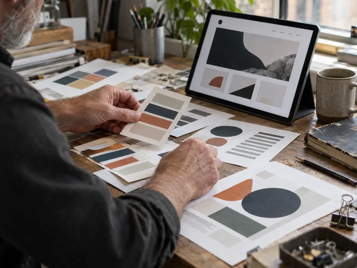 Hands choosing colours and typefaces for a website design
