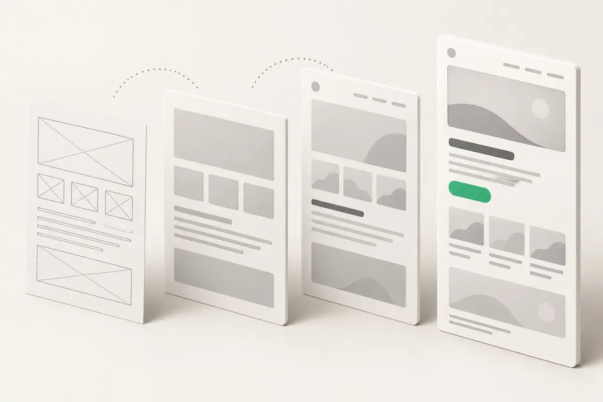 A paper wireframe developing step by step into a finished website page