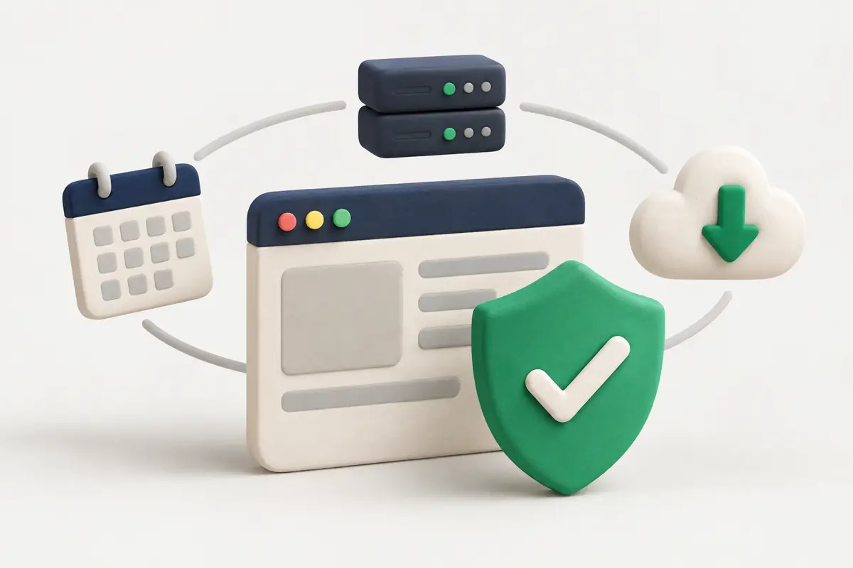 Illustration of a website protected by backups, updates and monitoring