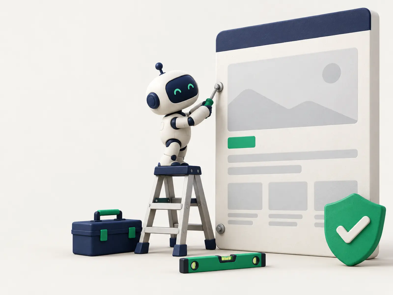 Small robot on a step ladder tightening a bolt on a website, illustrating website maintenance