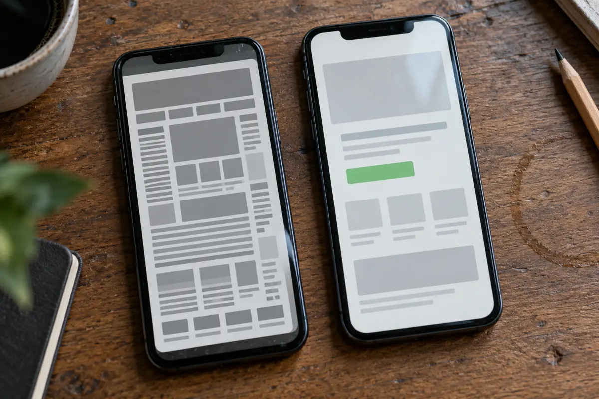 Old and redesigned website shown side by side on two phones