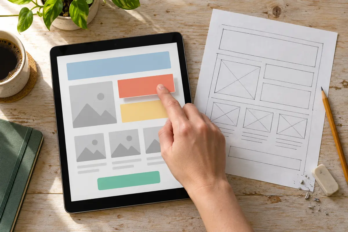 Tablet showing a website editor with content blocks being arranged